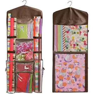 Hanging Gift Wrapping Paper Storage Organizer Bag, Double Sided Multiple Front & Back Pockets Fits 40 Inch Wrapping Rolls Clear PVC Bag (Brown)
