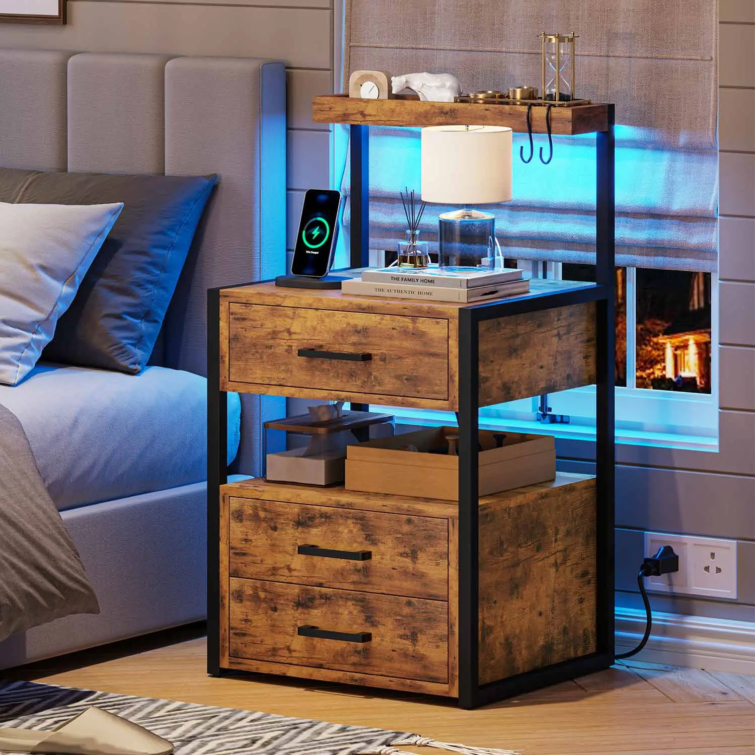 SIKAIC Modern LED 3-Drawer Nightstand for Bedroom - Engineered Brown Wood, USB Charging Station, Top Shelf for Phone, Bedside Desk, Side Storage Furniture, Indoor Table with 3 Drawers