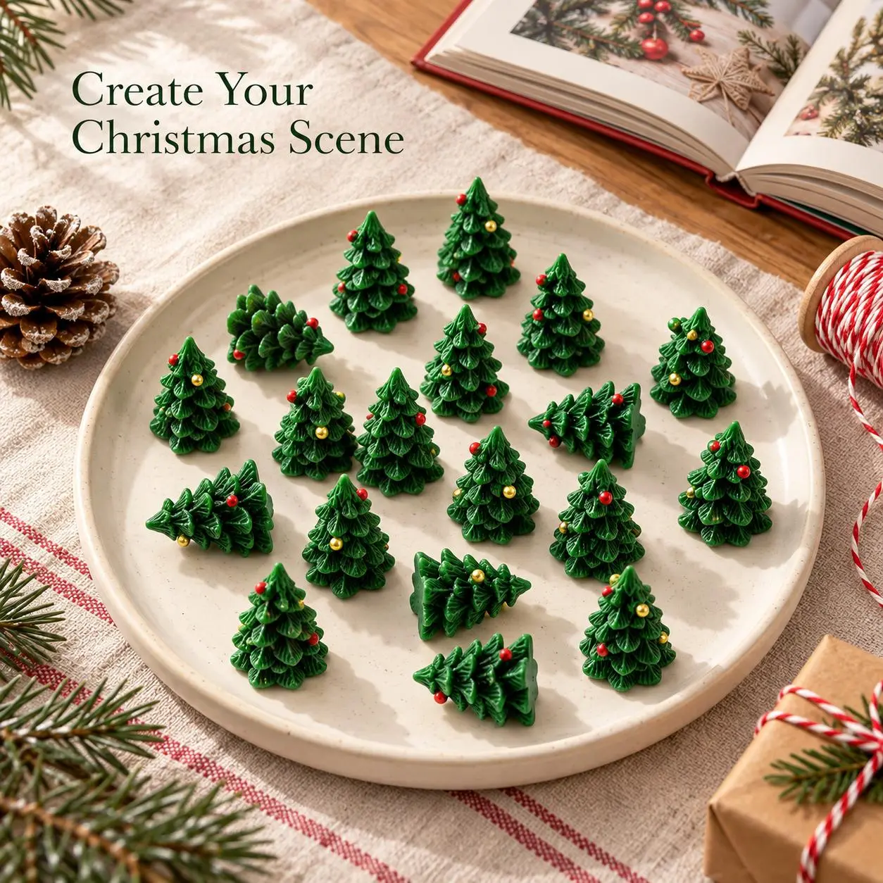 10/20/30 PCS Miniature Christmas Tree Figurines, 26mm Tiny Green Trees with Red & Gold Ornaments for Christmas Village, Dollhouse, Fairy Garden, DIY Crafts, Gift Wrapping, Table Decor, Winter Diorama and Festive Holiday Decorations