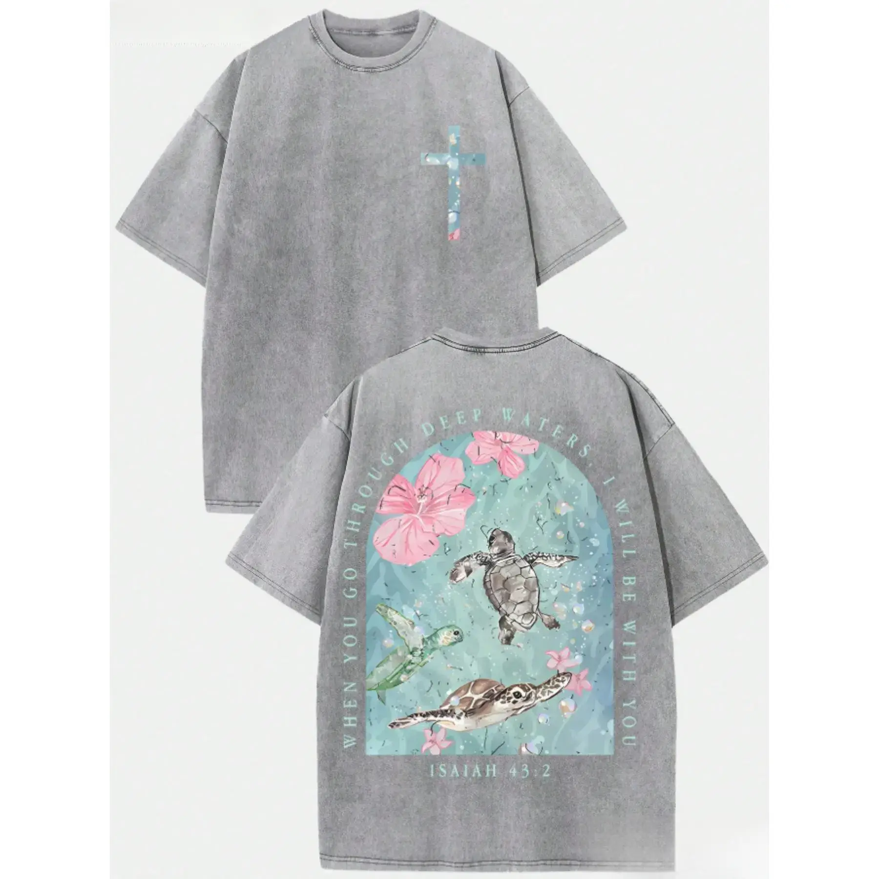 Men's Vintage Washed Pure Cotton Baggy T-Shirt - Oversized Streetwear Fashion Apparel, Good Vintage Graphic Tees with Sea Turtle & "I Will Be with You" Text Print, Men's Wear Loose Fit Casual Machine Washable Soft Daily Top, breathable