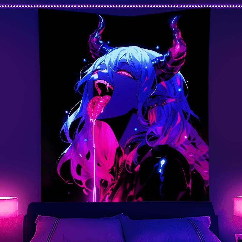 darkness|      Anime Design Neon Tapestry Mysterious Pink Demon Pattern Black Light Aesthetic Room Decoration Party Abstract Theme UV Reactive Wall Tapestry  floral pattern tapestry Hanging Decorative