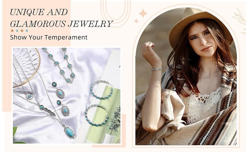Florideco Bohemian Turquoise Jewelry for Women Men Western Turquoise Set Western Adjustable Belt Rings and Necklace Vintage Turquoise Drop Earrings Bracelet Western Boho Turquoise Jewelry for Women