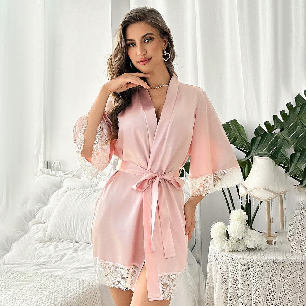 2025 New Ladies Elegant Satin Robe Lace Trim Kimono Short Sleepwear Nightgown V Neck Belted Bridal Loungewear Bridesmaid Gift