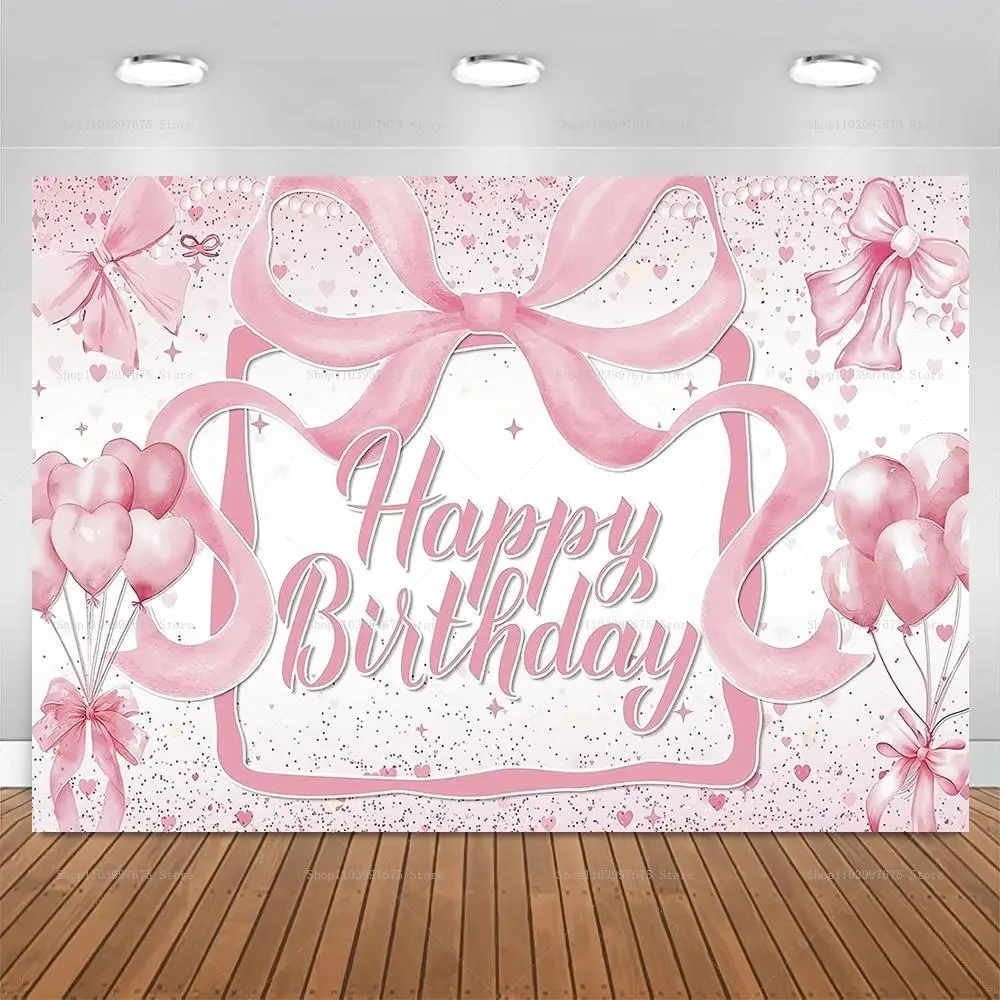 Pink Bow Happy Birthday Polyester Photography Backdrop Banner - Lightweight Home Decor Tapestry, Room Cake Table Wall Decor, Gift for Father's Day, Indoor Outdoor Party Supplies with Storage Bag