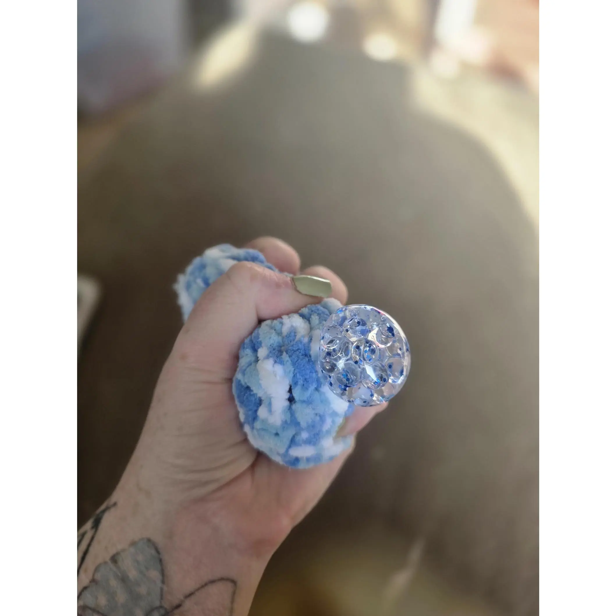 Cute Crochet Squishy Stress Ball | Velvet Cloud Blue Sensory Fidget | Clear Glitter Bubble Squeeze Toy | Handmade Cozy Desk Companion