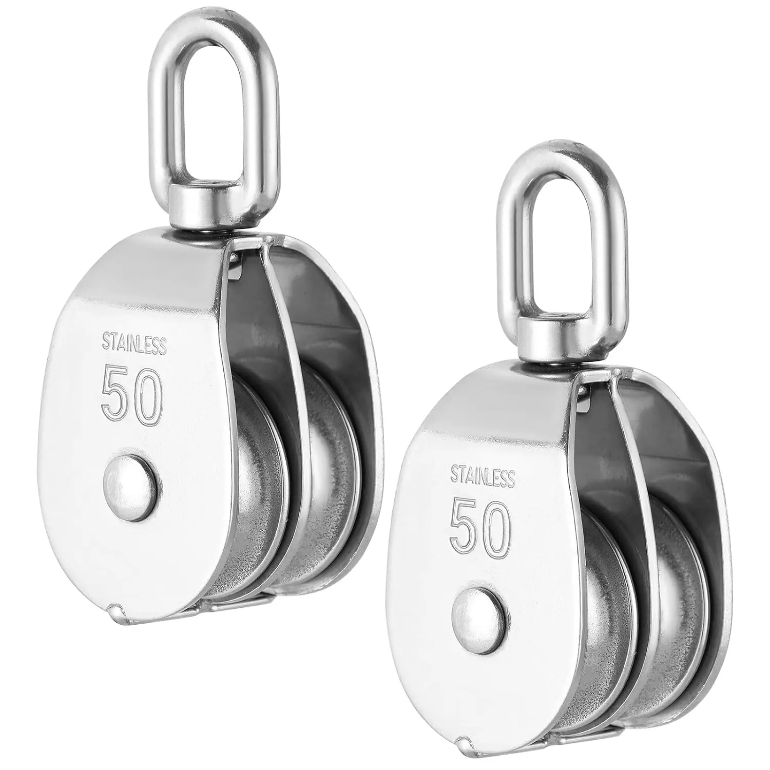 M50 Double Pulley Block Set - 304 Stainless Steel Pack of 2 | Heavy Duty Double Pulleys for Efficient Lifting | Ideal for  Wire and Crane Operations with Swivel Hook Design