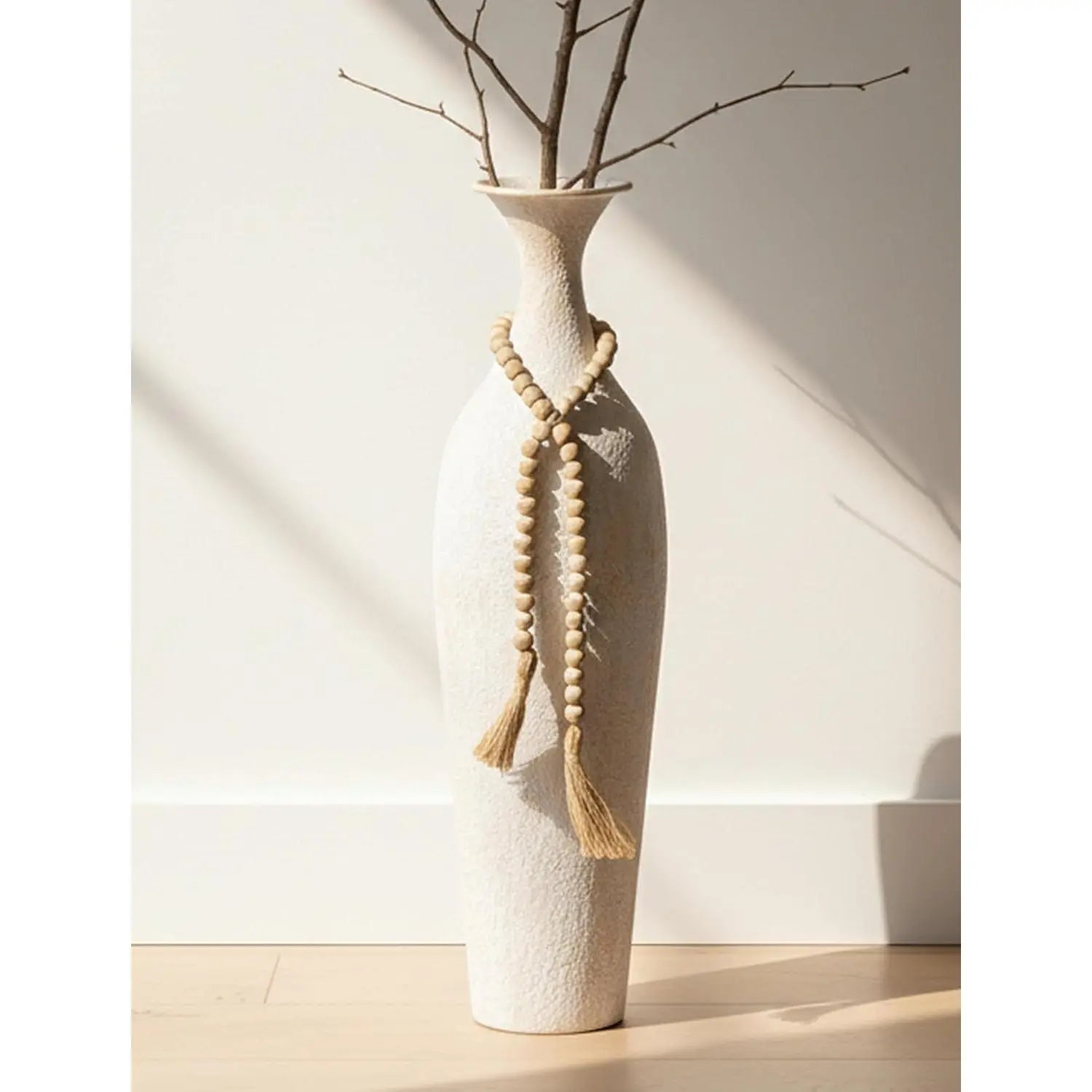 Sziqiqi 23.2 in Metal Tall Floor Vase - White Granular Texture Slender Boho Holder for Pampas Grass, Artificial Dried Flowers, Bead Garland Swap, Boho Bead Styling, Rustic Farmhouse Living Room Decor