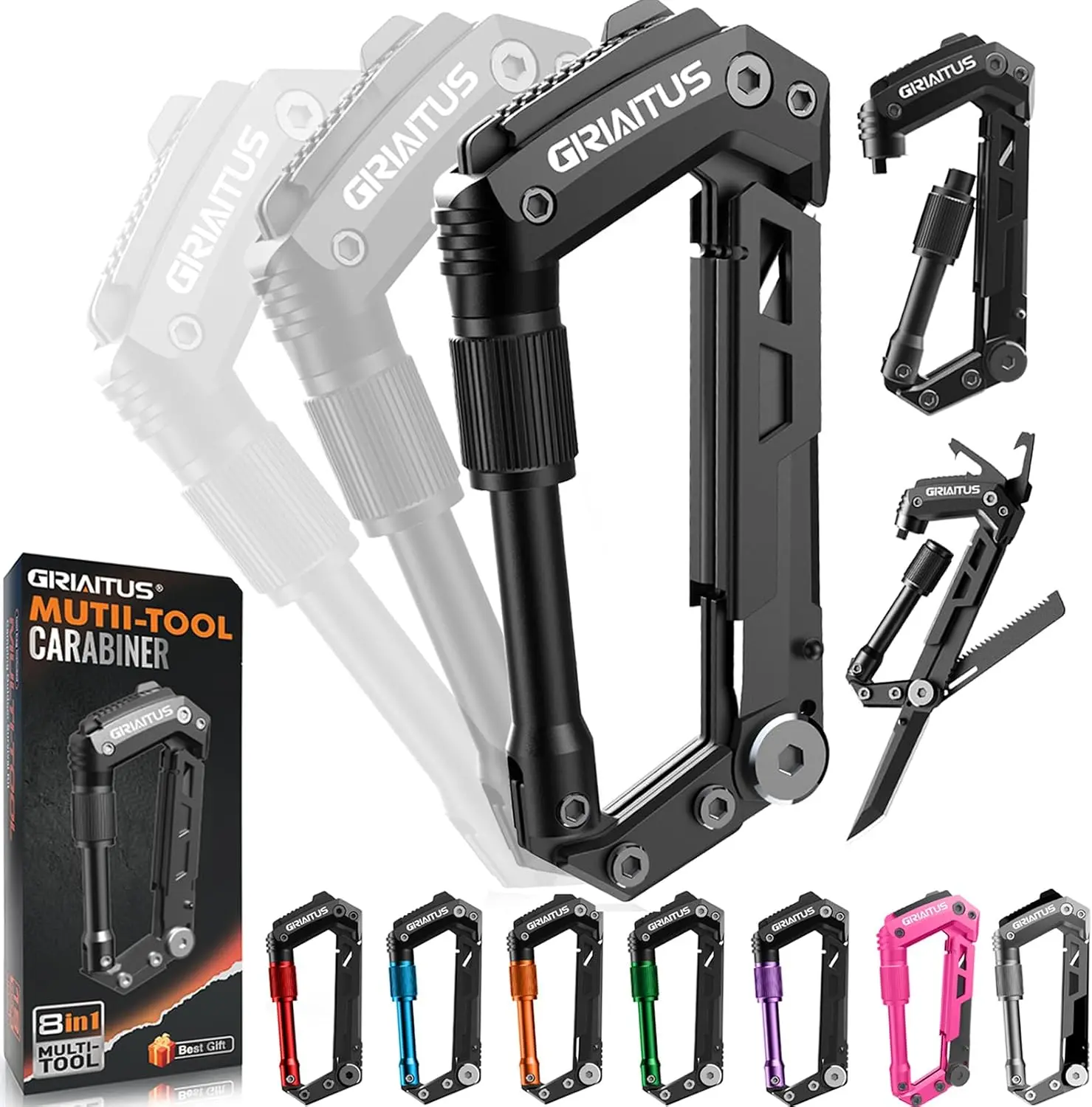 Carabiner 8-in-1 EDC Carabiners Knife for Camping, Black| Gifts for Men, Folding Serrated Knife, Bottle Opener, Rope, Screwdriver, Ruler, Gear for Hiking Packs Carry