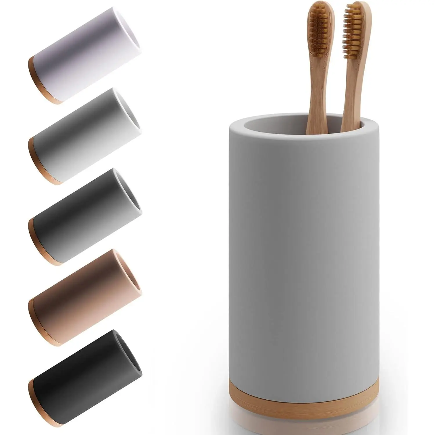 Bamboo Toothbrush Holder Diatomite Tooth Brush Organizer - Storage Stand for Small Bathroom & Counter - Removable Base & Drain Holes, Water-Absorbent & Quick-Drying (Light Grey)