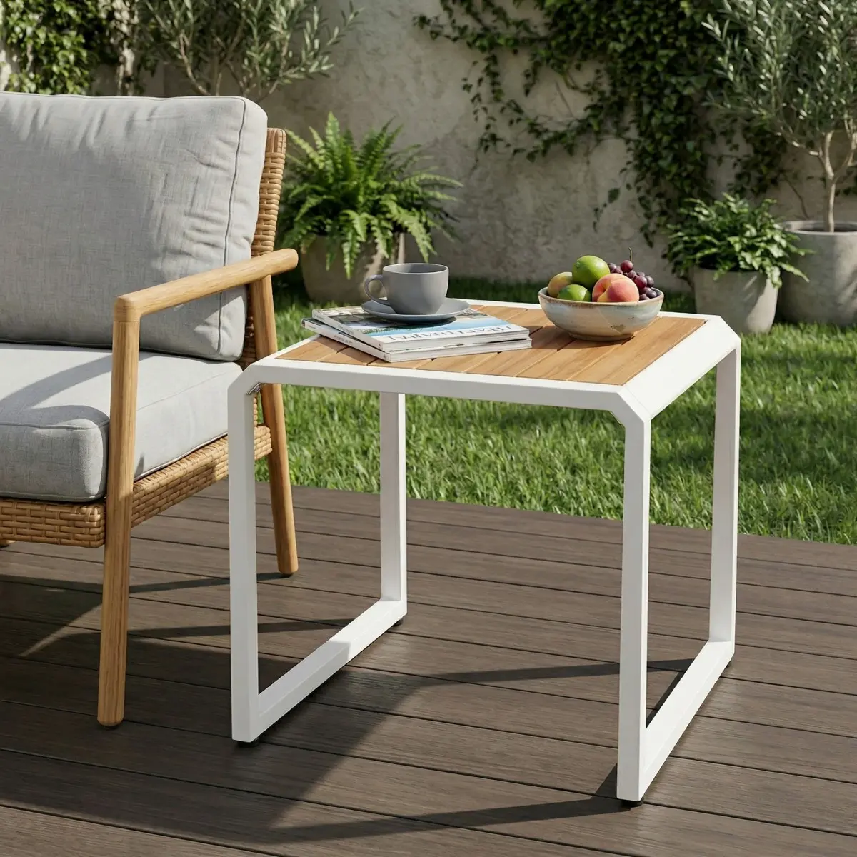 AobtkelOutdoor Side Table with Teak Wood Top, White Metal Frame Patio Accent Table, 120 lbs Capacity for Patio, Porch, Poolside & Living Room