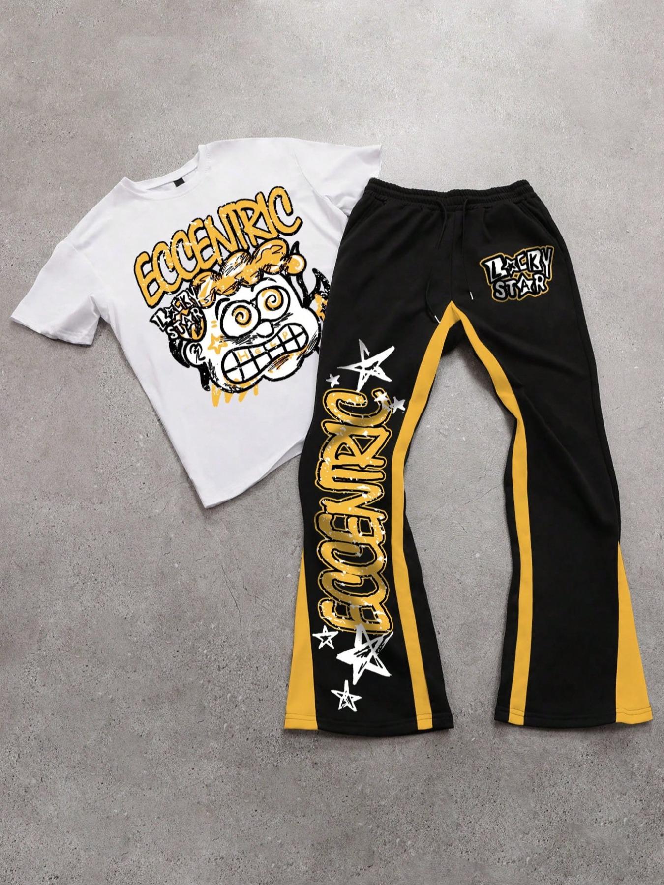 Two-piece Set Men's Figure Graphic Tee & Colorblock Drawstring Waist Flare Leg Sweatpants, Regular Fit Round Neck Short Sleeve T-shirt & Bell Bottom Trousers, Sets for Men Clothing, Summer Outfits, Casual Outfit Set, Shortsleeve Menswear