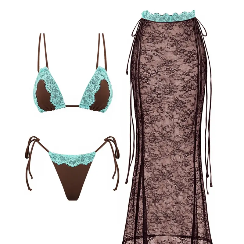 Women's Lace Patchwork Three-Piece Swimsuit, Sexy Swimwear, Triangle Swim Bra & Swim Panty & Cover-Up Skirt for Beach & Party & Holiday, Summer Style Bikini Set, Beachwear, Bathing Suits