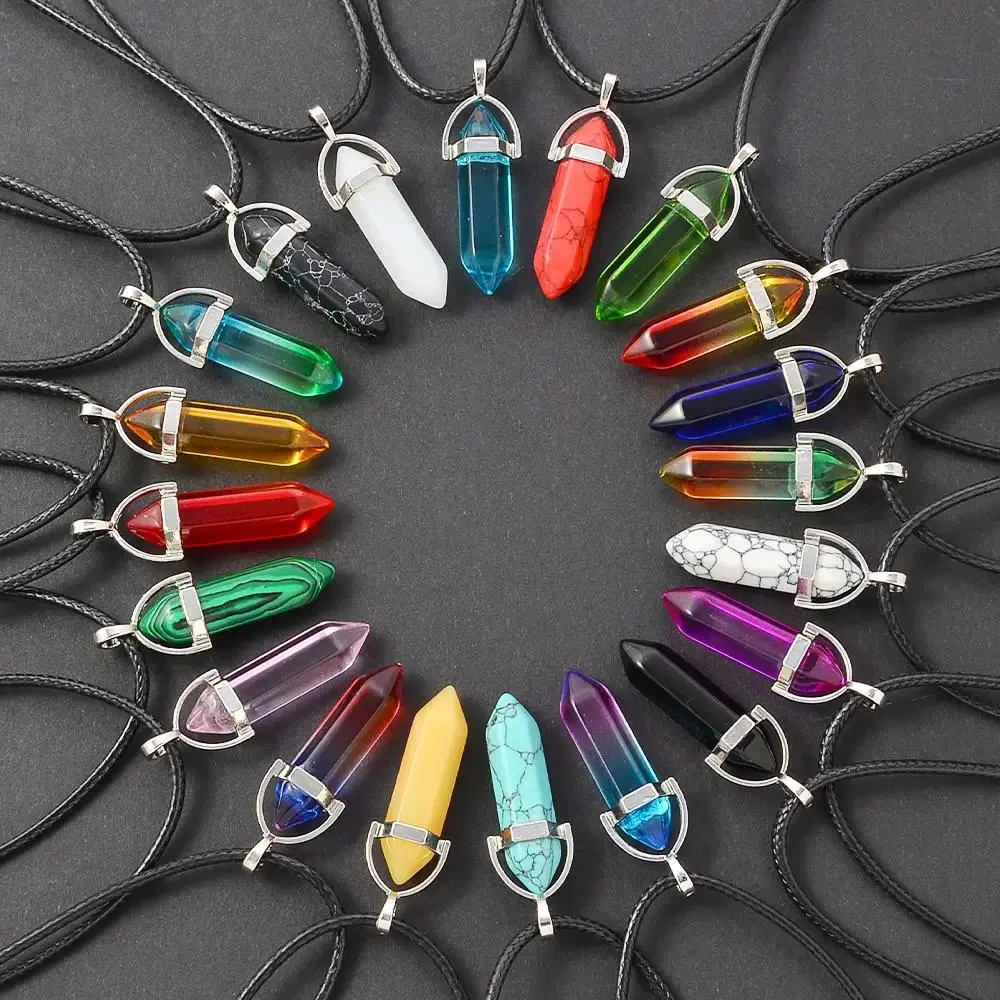 Unisex 30Pcs Mixed Color Hexagonal Glass Bead Pendant Craft Kit With Black PU Leather Necklace Chain, Animal Motif Jewelry Making Supplies For Daily Wear & Gift