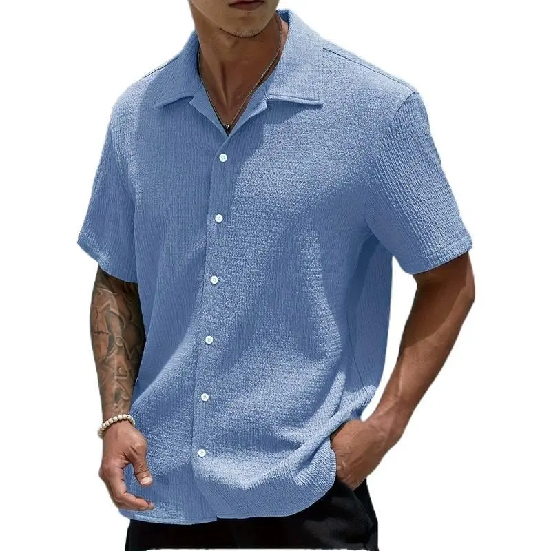 Men's Vintage Plain Short-Sleeve Lapel Collar Quick-Dry Menswear Shirt for Summer Vacation Casual Wear, Shortsleeve