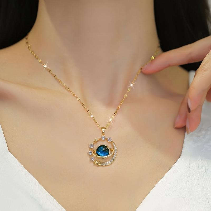 Elegant Blue Planet Pendant Necklace - Luxurious Starry Sky Design, Sparkling Accents, Suitable for New Year and Valentine's Day Gifts, Couple's Necklace, Teen Necklace