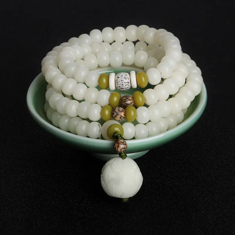 Natural Bodhi Root Couple's Bracelet for Women, Unique and Elegant Lotus White Jade Bodhi 108 Bead Buddhist Prayer Bracelet
