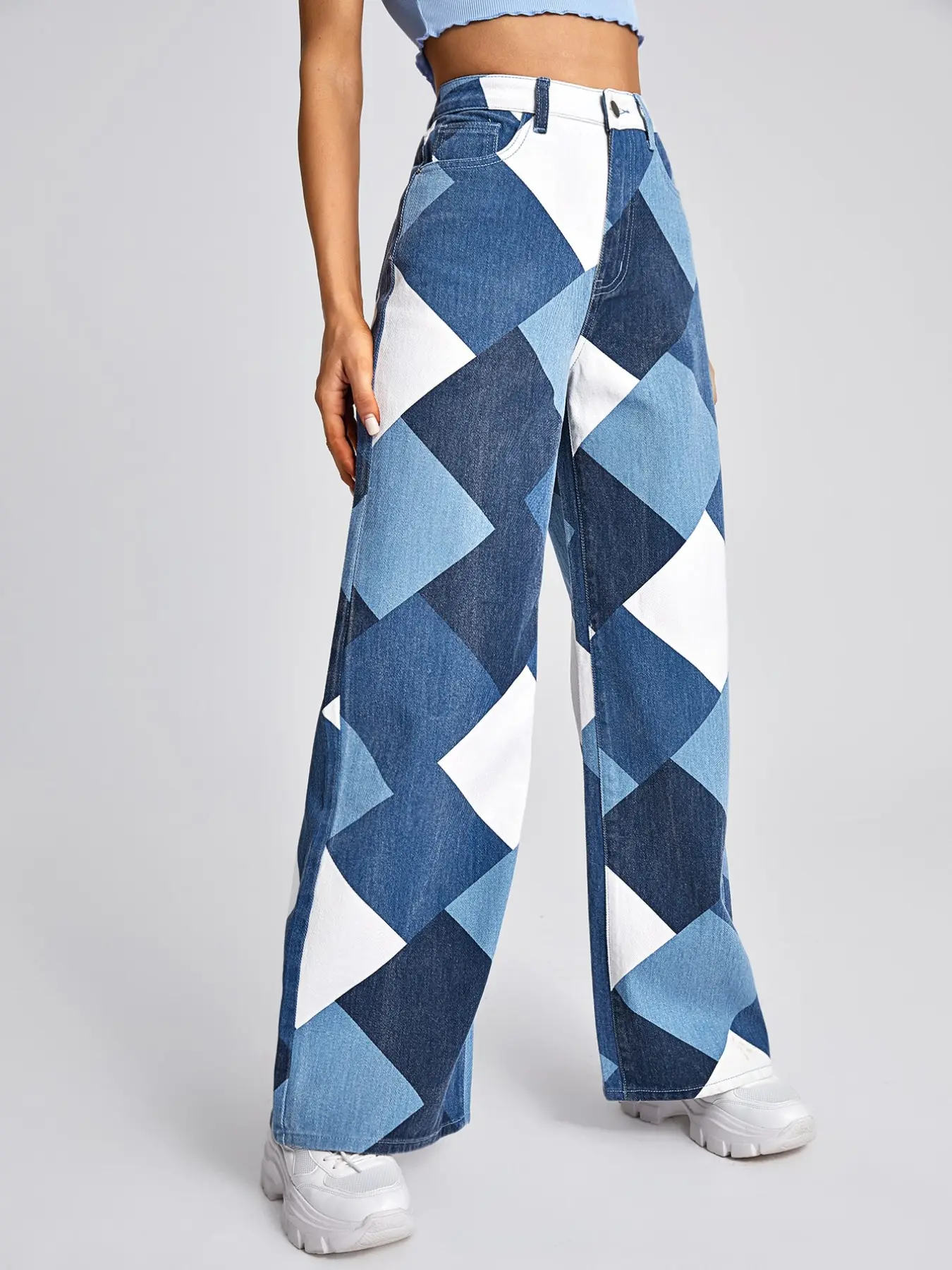 Women's Vintage Patchwork Straight-Leg Jeans, Blue-Geometric Print High-Waisted Pants, Casual All Seasons, Perfect for Parties and Streetwear