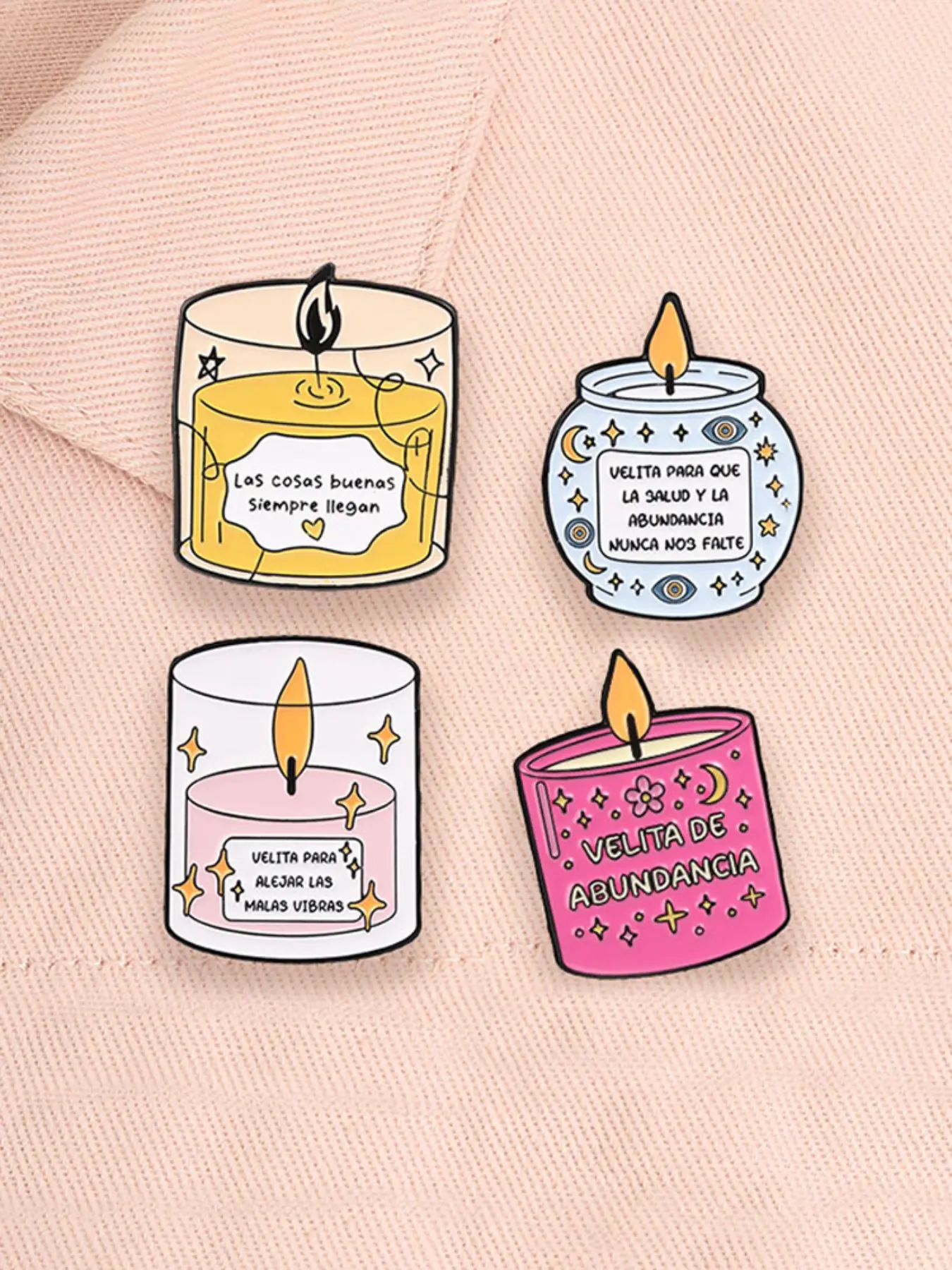 4-Piece Set Latino Velita Wish Candle Enamel Pins Spanish Quotes Wealth Health Good Luck Self Care Cartoon Alloy Brooches Lapel Backpack Clothing Decor Badge Fashion Jewelry Accessories Gifts for Friends
