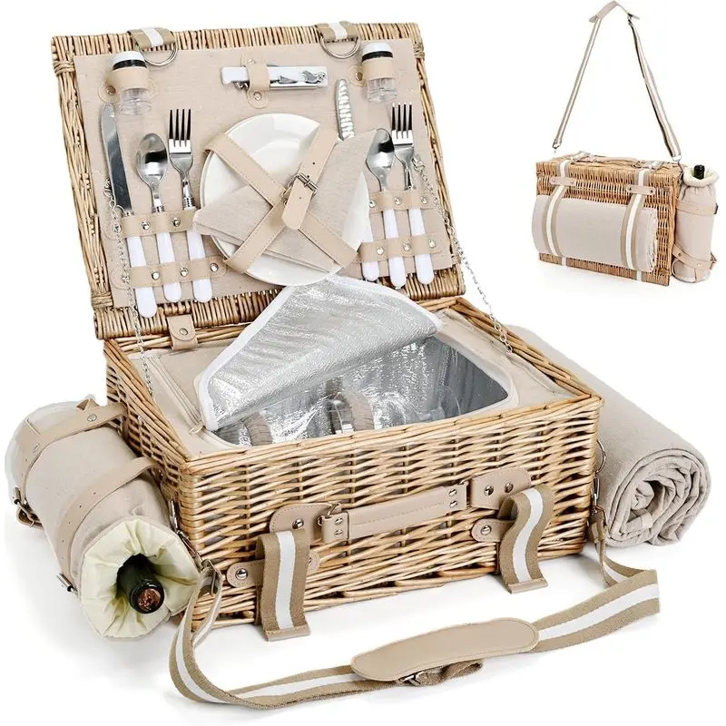 19Pcs Picnic Basket for 2 with Insulated Liner and Waterproof Picnic Blanket Wine Pouch, Large Wicker Picnic Hamper for Camping,Outdoor,Valentine Christmas for Couples,Natural