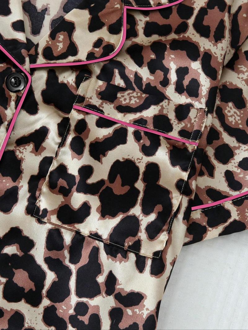 Women's Leopard Print Satin Pyjama Set, Casual Comfy Short Sleeve Pocket Shirt & Elastic Waist Shorts PJ Set, Ladies Summer Sleepwear