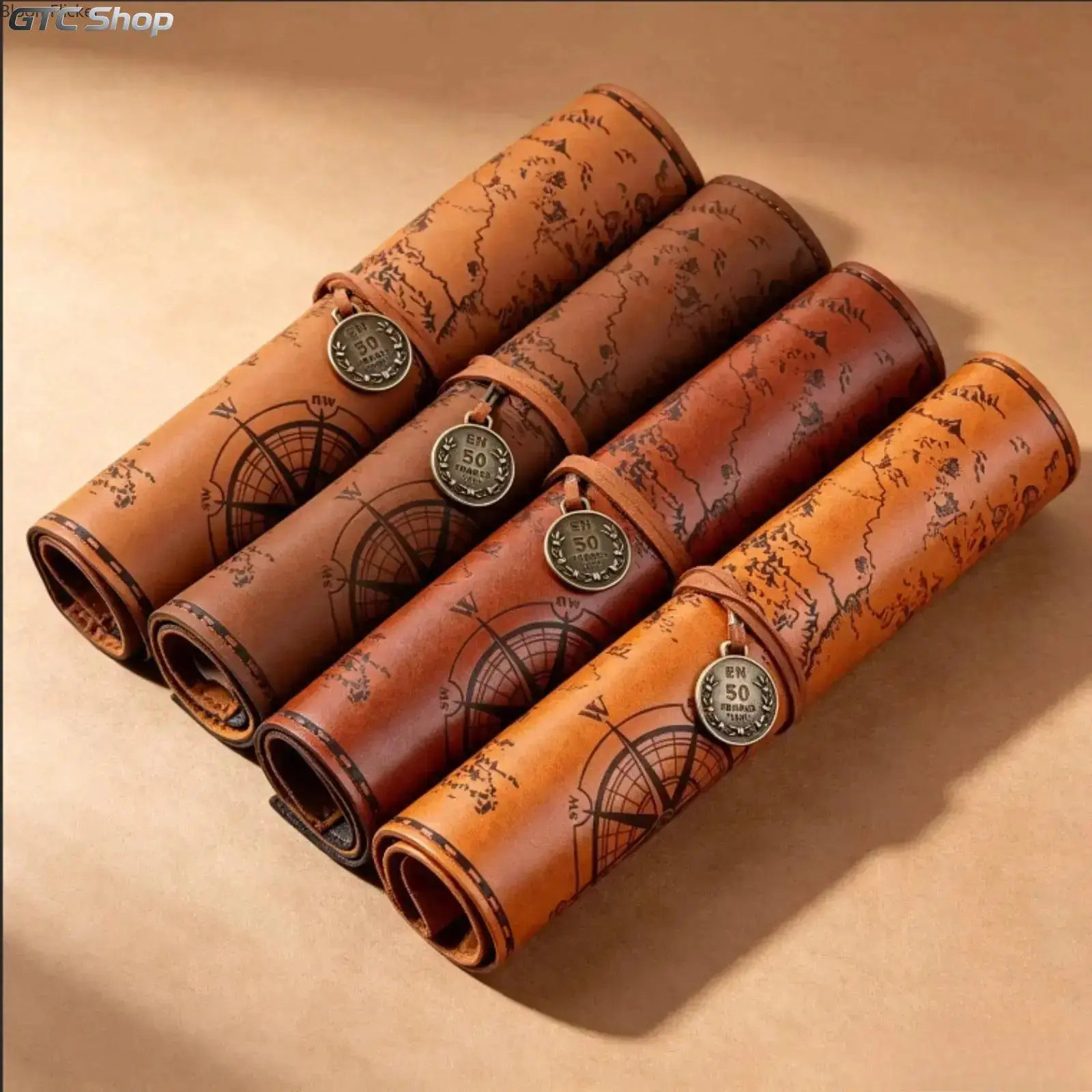 Creative Treasure Map Roll-Up Pencil Case, Vintage Canvas Leather Large Capacity Pen Pouch, Cute Stationery Organizer for School, Office, Art Drawing Supplies & Daily Everyday Storage