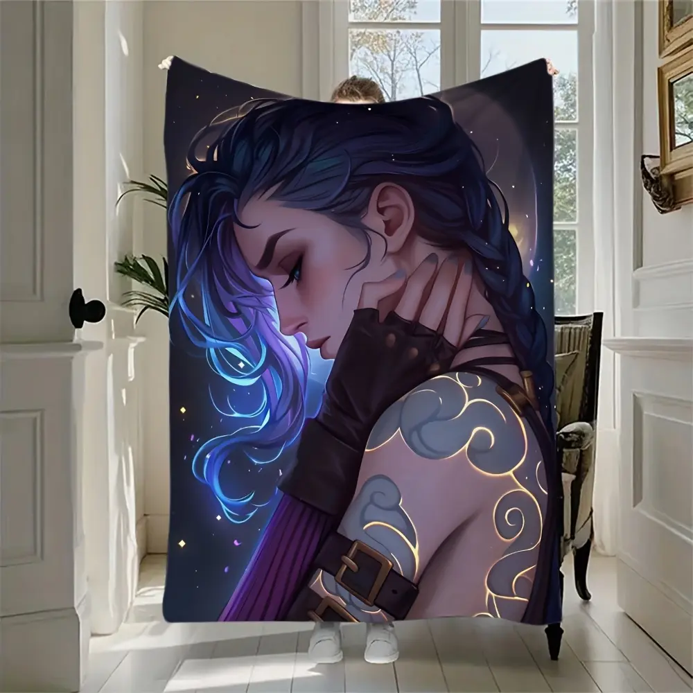 League of Legends Arcane Jinx Tattoo Portrait Flannel Throw Blanket - Soft Fleece, Cotton Fabric, Whimsical Home Decor for Home, Room Use, Room Decor, Anime Print