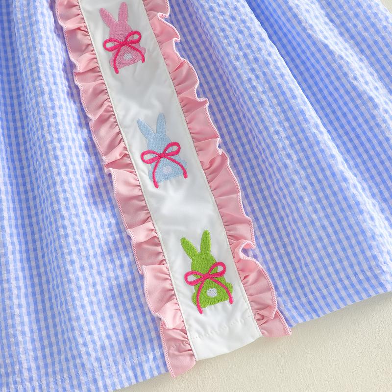 Emmababy Kids Baby Girls Dress Easter Clothes Rabbit Embroidered Plaid Short Sleeve Casual Dress Toddler Princess Dress 1-6 Years