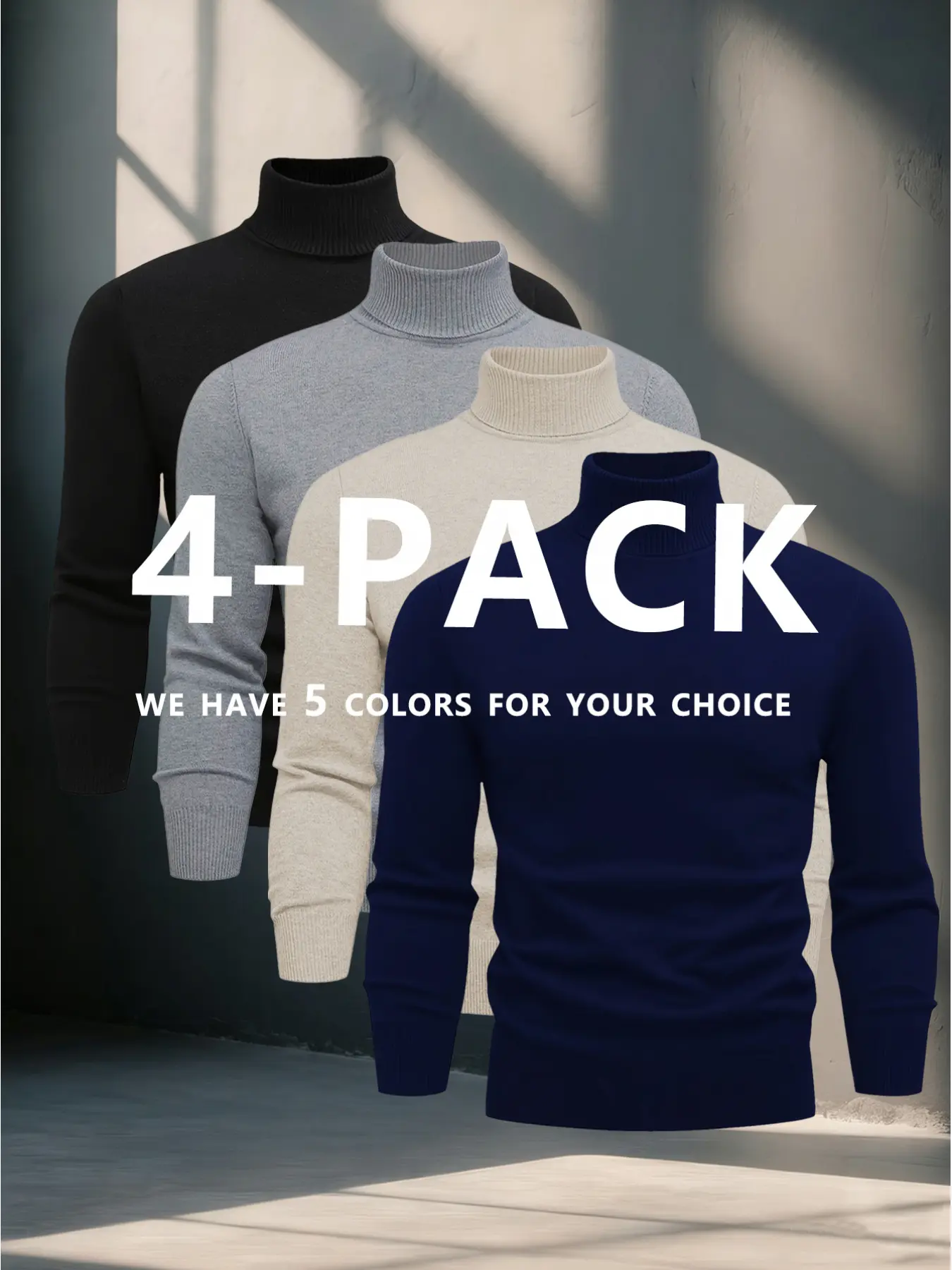 4 pieces of autumn and winter men's standard size turtleneck sweaters, soft and warm, knitted, casual and versatile base layers