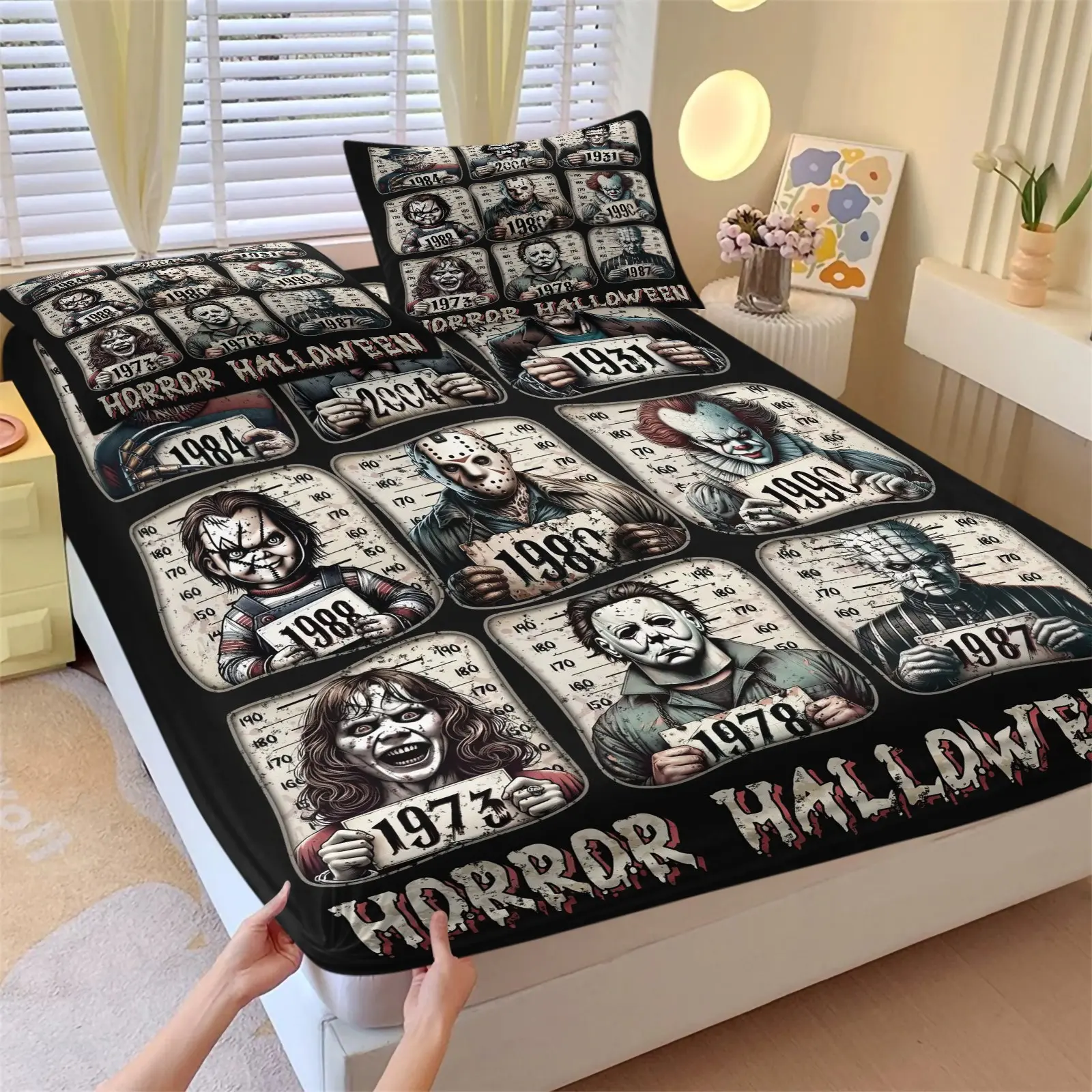 Wanted Poster Classic Horror Character Fitted Sheet Set 3-Piece-Soft Wrinkle-Resistant Bedding-Police Mugshot Layout-Ideal for Boys' Room, Gaming Room, Dark Dorm, Movie Fans Bedroom Decor-Perfect Gift