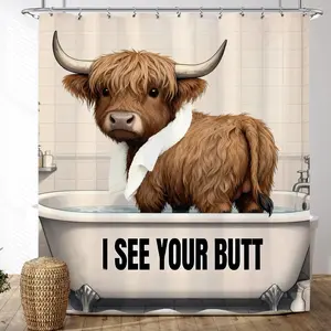 A charming West Highland Cow Shower Curtain a fun set featuring a playful bathtub-and-bull motif. Printed with the humorous slogan "I See You," it exudes a delightful blend of farmyard flair and rustic charm, making it the ideal choice for creating a coun