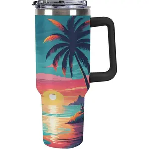 40oz Insulated Stainless Steel Tumbler with Handle, Tropical Beach Palm Tree Leakproof Water Bottles Travel Mug with Lid And Straw for Water, Iced Tea Or Coffee for Most Car Cup Holder