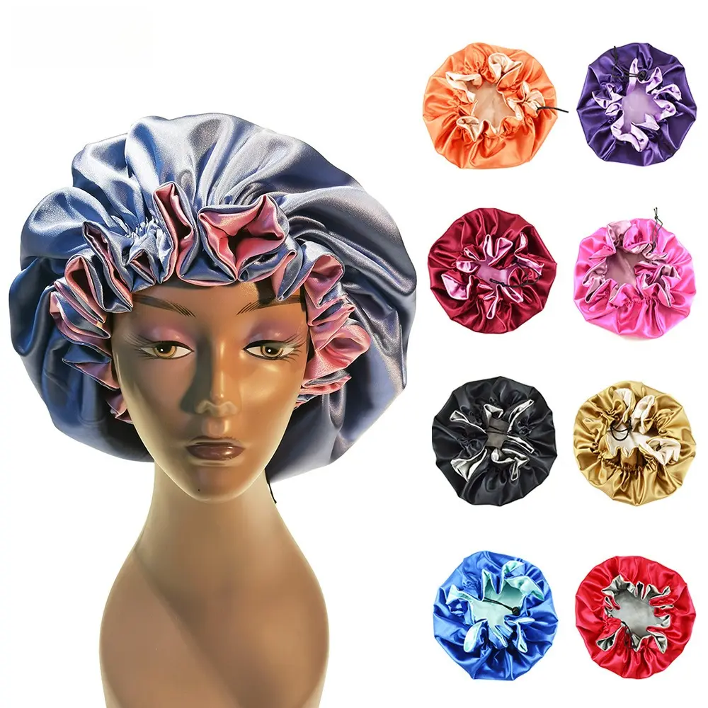 Double Layer Satin Sleep Cap with Ruffle Trim, Smooth Silky Parent-Child Hat for Women