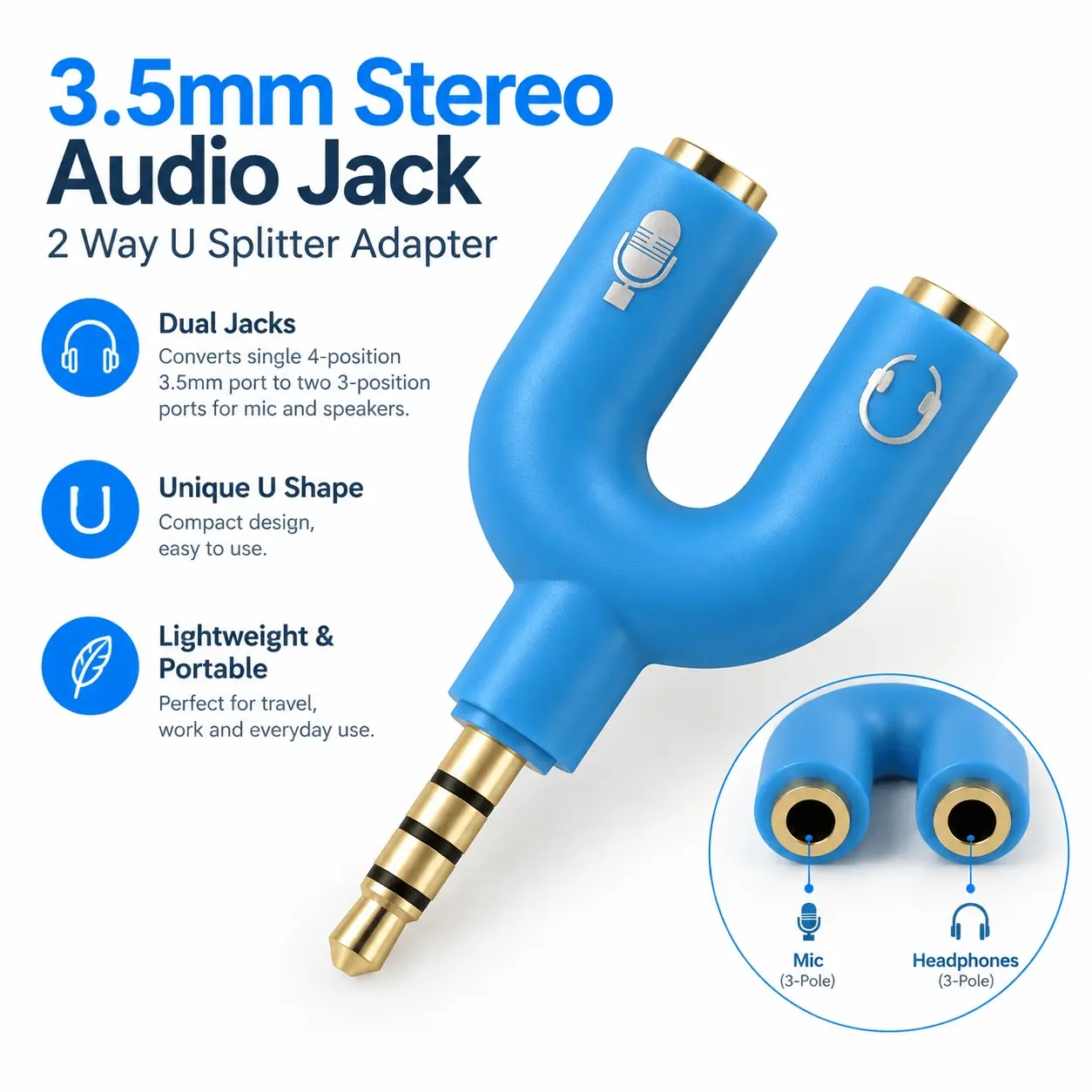 1PC Color 3.5mm Headphone Adapter with Dual Jacks and a Stereo Headphone Splitter for Audio Cables of PC, MP3 Smartphone Players, 3D