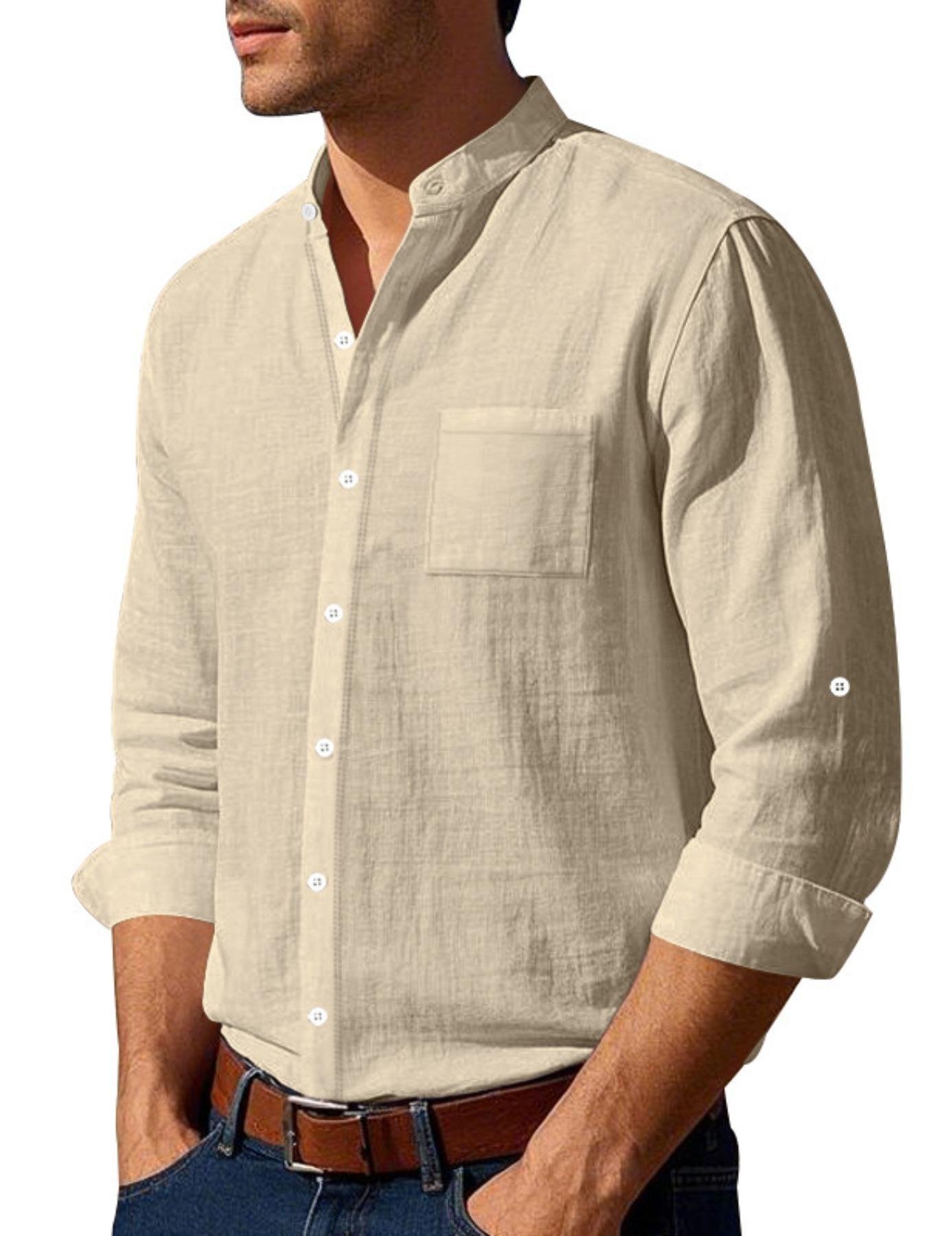 Men's Regular Fit Solid Color Linen Shirt, Casual Long Sleeve Collared Top for Daily Wear, Fashion Comfy Woven Top for Men, Button Up Top, Beige