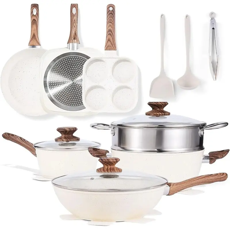 17 Pcs Nonstick Pots and Pans,  Kitchen Cooking Set, Induction Kitchen Cookware Sets Non Stick with Stay-Cool Handles, Oven Safe, Beige