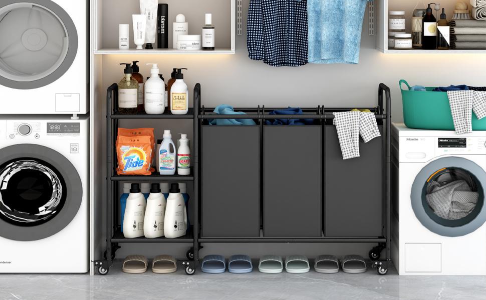 3-Bag Laundry Sorting Trolley with Storage Rack 3-Section Laundry Basket Sorter with 3-Tier Storage Rack with Lockable Rolling Wheels Laundry Separation Basket with Removable Bag for Dirty Clothes Deals For You Days