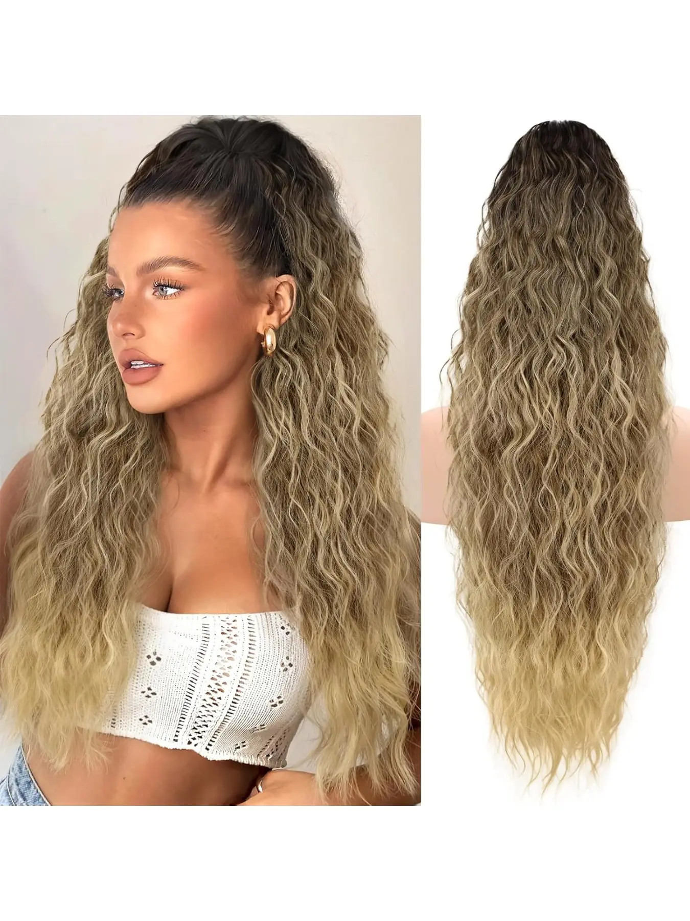 Water ripple long curly synthetic hair extension ponytail, voluminous corn perm, crimped, drawstring ponytail, Wavy curly ponytail suitable for women for daily wear, parties, and festivals, Drawstring ponytail extensions, Wavy hairpieces