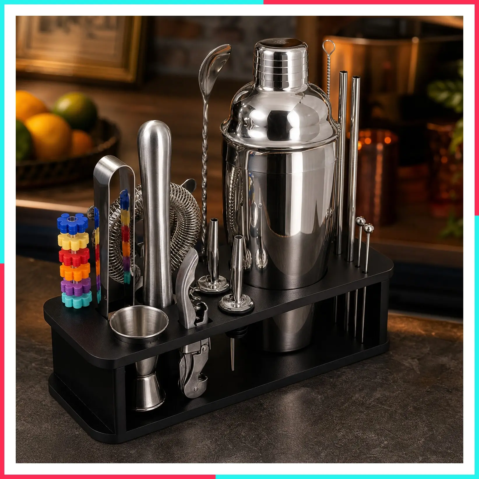 Complete 22-Piece Cocktail Shaker Set, Mixology Bartender Kit with 24oz Cobbler Shaker, Home Bar Tool Set with Black Bamboo Stand, 39 Recipe Cards, Glass Markers, Gift for Men & Dad