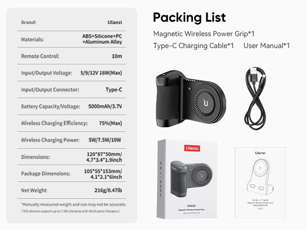 ​Ulanzi MA45 Magnetic Wireless Power Grip Mini Power Bank Grip for iPhone 16 15 14 13 Pro Pro Max Vertical&Horizontal Shooting