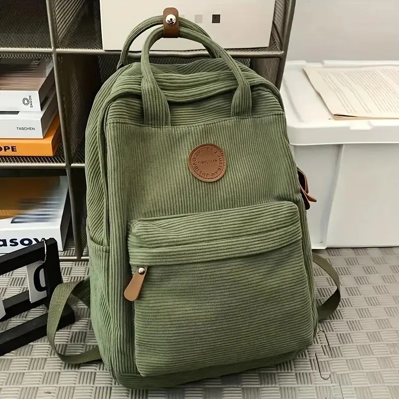 Casual Corduroy Backpack for Teens, 14 Laptop Compartment, High School & College Bag with Zipper Pocket, Backpacks for School