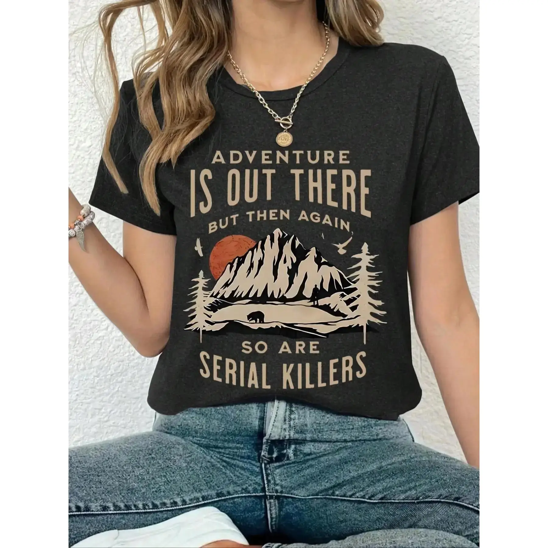 Adventure Is Out There" Mountain Hiking Graphic T-Shirt, Retro Outdoor Nature Print Oversized Crew Neck Tee, Unisex Short Sleeve Camping Cotton Top, Trendy Wilderness Aesthetic Shirt for Hikers, Outdoor Lovers and Streetwear Enthusiasts graphic tee