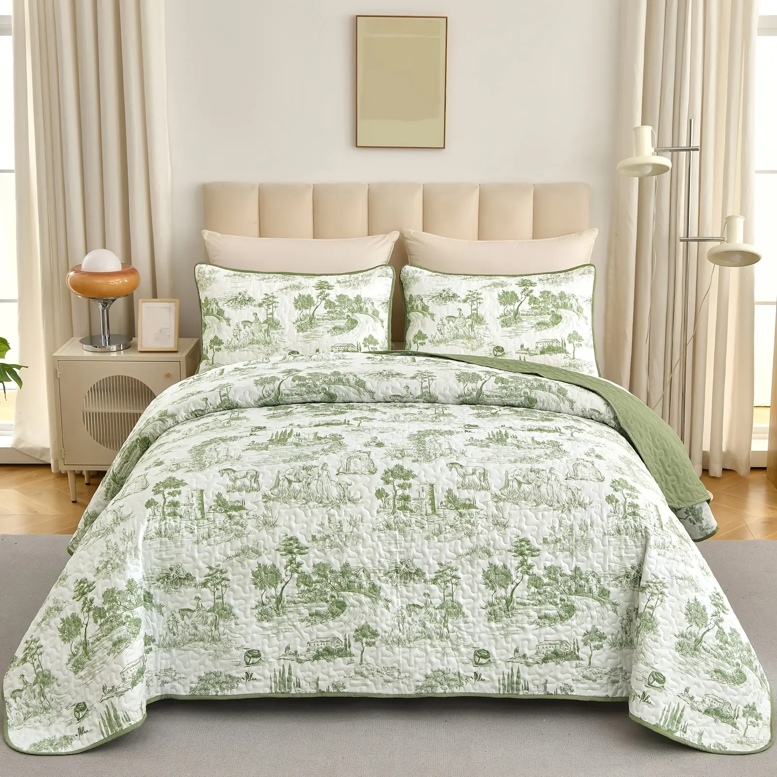 3pcs Sage Green Queen King Size Farmhouse Quilt Set Bedspread, Toile Rustic Bedspreads, Village Landscape Printed Coverlet, Soft Microfiber Quilt Bedding Set For All Season Bedroom Decor, Room Decor, Festival Gift