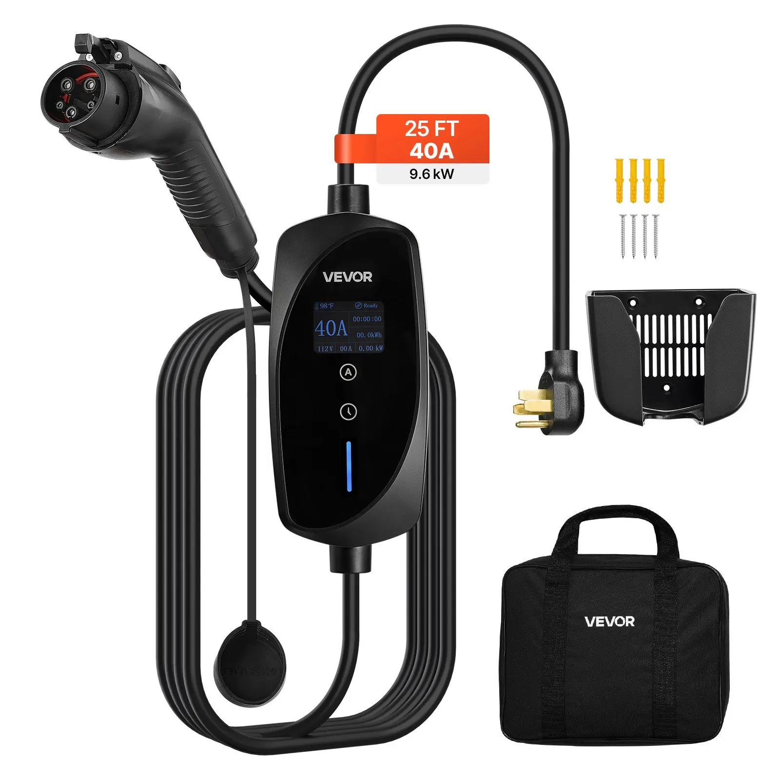 VEVOR Level 2 EV Charger, 40 Amp Adjustable Current, 240V Electric Vehicle Portable Charger with 25 ft Charging Cable, LCD Display, NEMA 14-50P Plug, Plug-in Home Car Charging Station for SAE J1772 EV