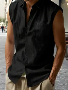 Men's Hawaiian Style Linen Loose Fit Casual Shirt, Henry Collar Turn-Down Neck, Sleeveless Summer Top, Plain Surface, Unlined