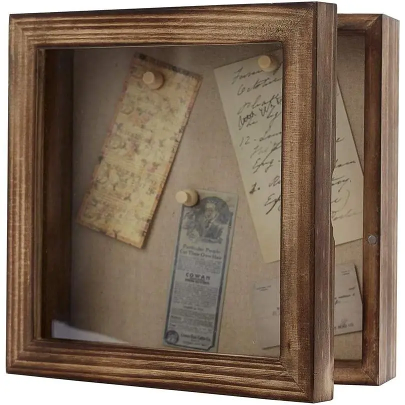 Freezing point Shadow Box Frame 8x8 Shadow Boxes Display Case with Linen Back Memorabilia Awards Medals Bouquet Photos Picture Badge Wedding Memory Box for Keepsakes Carbonized Small Pin Board
