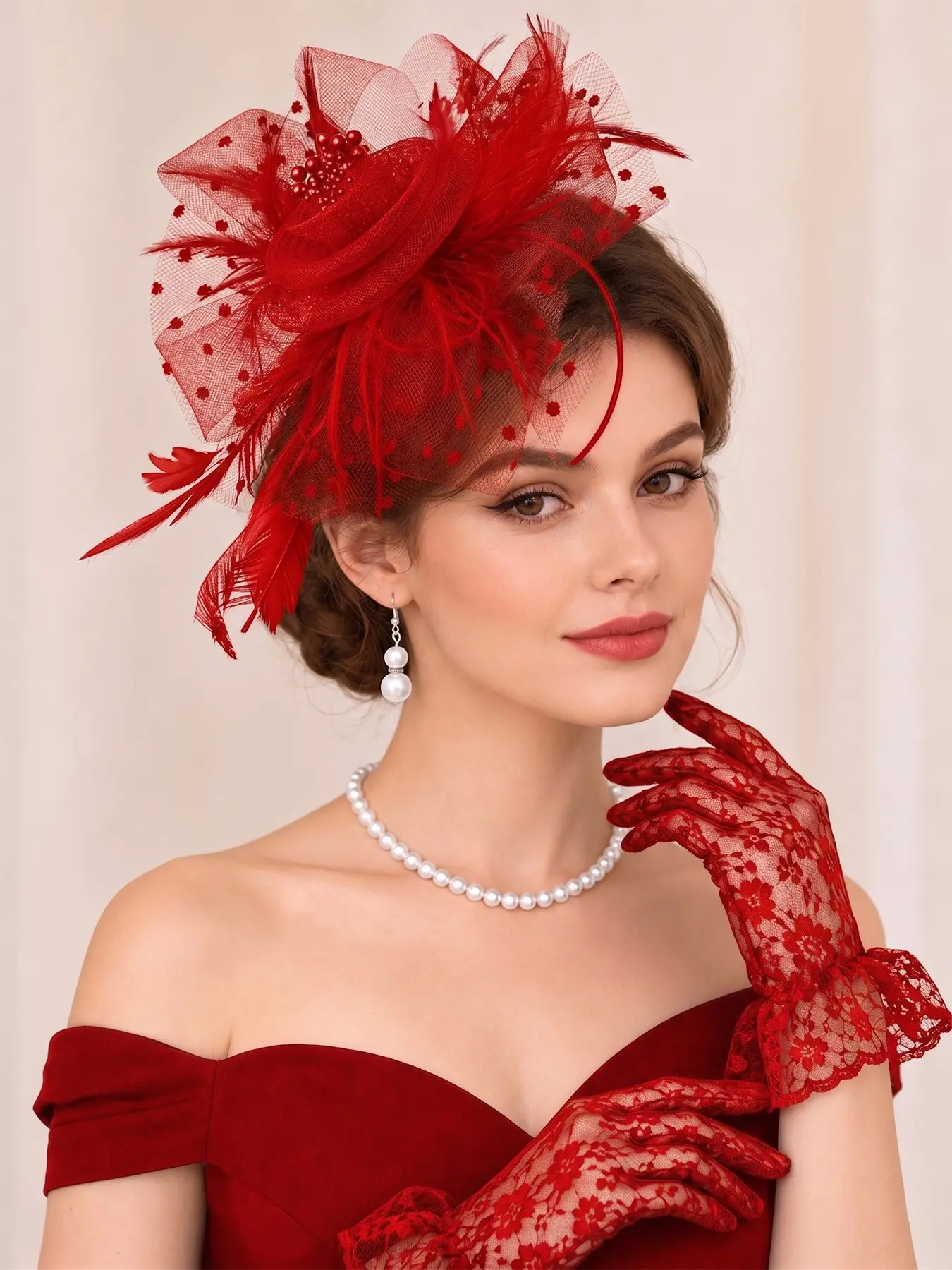 women Elegant Tea Party Fascinators Hats Lace Gloves Pearl Necklace Set for Wedding 1920s Tea Party Accessories