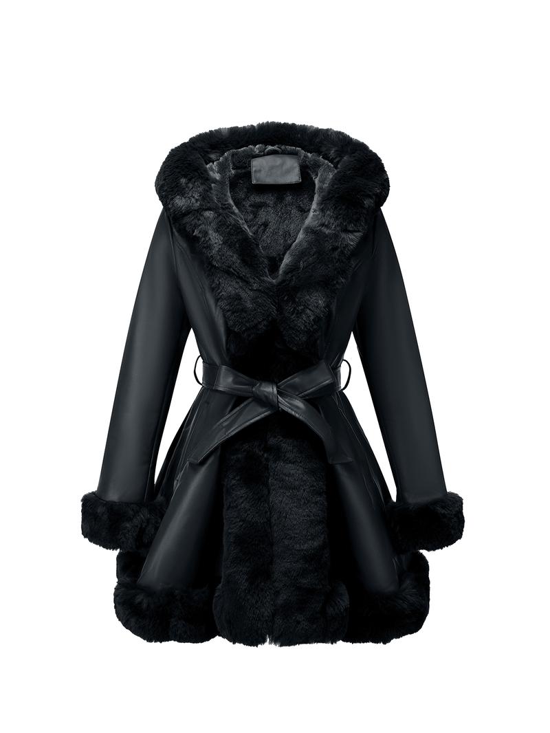 Women's Fall Winter PU Jacket, Long Sleeve Fitted Coat with Hood, Casual Warm Daily Wear, Detachable Belt Included Women's Fall Winter PU Jacket, Long Sleeve Fitted Coat with Hood, Casual Warm Daily Wear, Detachable Belt Included