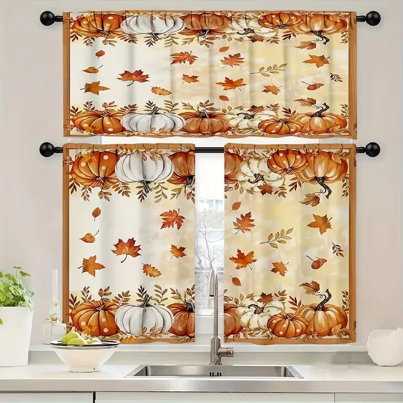 Watercolor Pumpkin Maple Leaf Print Kitchen Set of Three Short Curtains for Thanksgiving Season, 1 Curtain + 2 Short Curtains, High-Definition Digital Printing, Non-Fading, Easy Installation and Cleanable