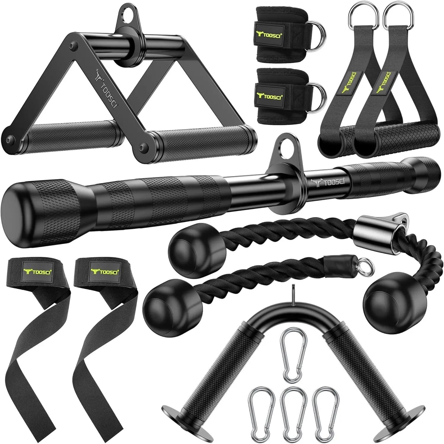 Cable Attachments Set for Gym LAT Pulldown Cable Machine: V-Shaped Bar, Rotating Straight Bar, V Rotation Handle, Nylon Tricep Rope, Ankle Straps & Handles for Home Gym