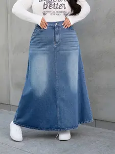 Women's Plus Size Fashion Denim Skirt Bottom, Washed Effect, Loose Fit, Street Style, Daily Wear, Four Seasons Denim Skirt for Women, Streetwear, Womenswear